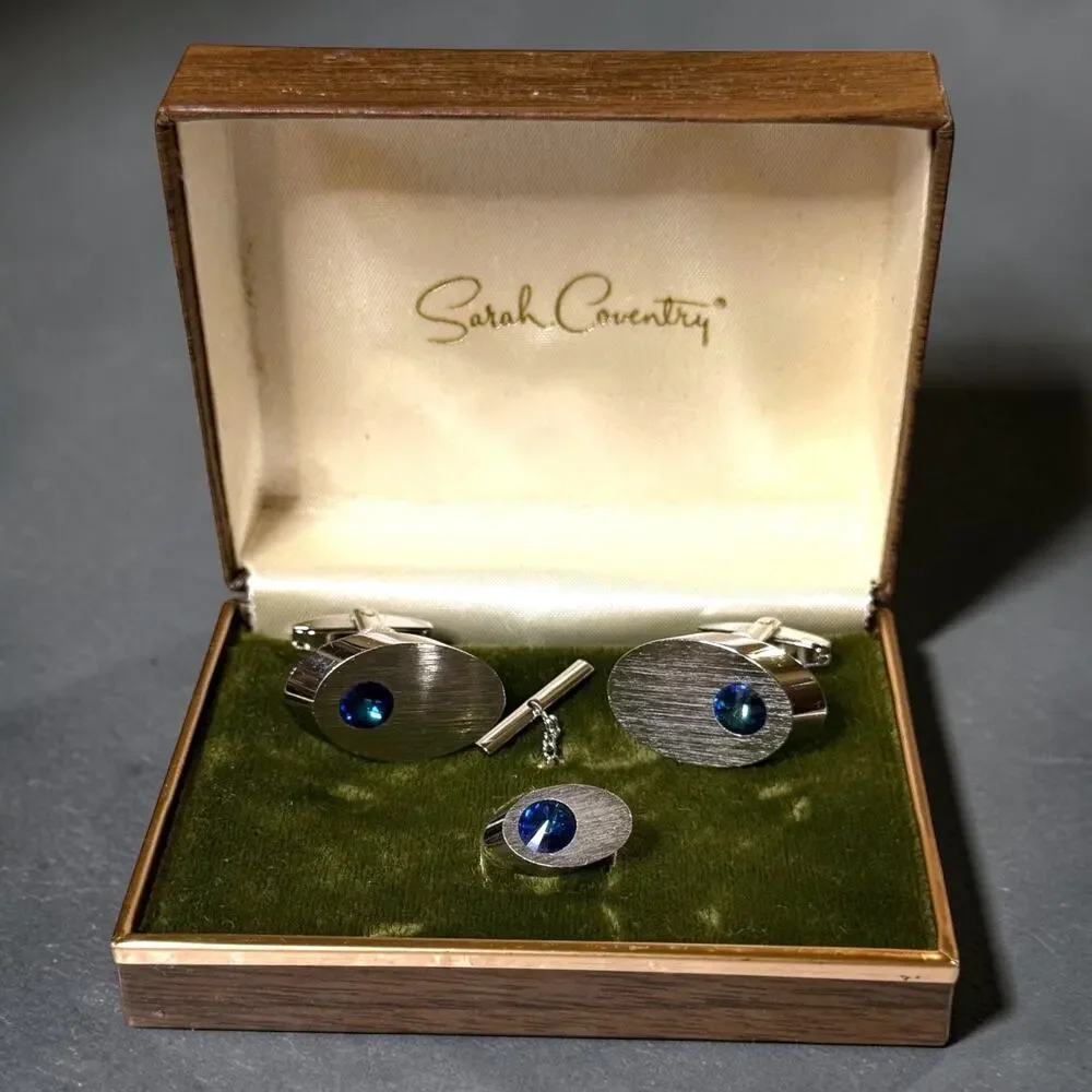 Vintage Sarah Coventry Cufflinks and Tie Pin Mens Silver Tone Blue Glass Jewel